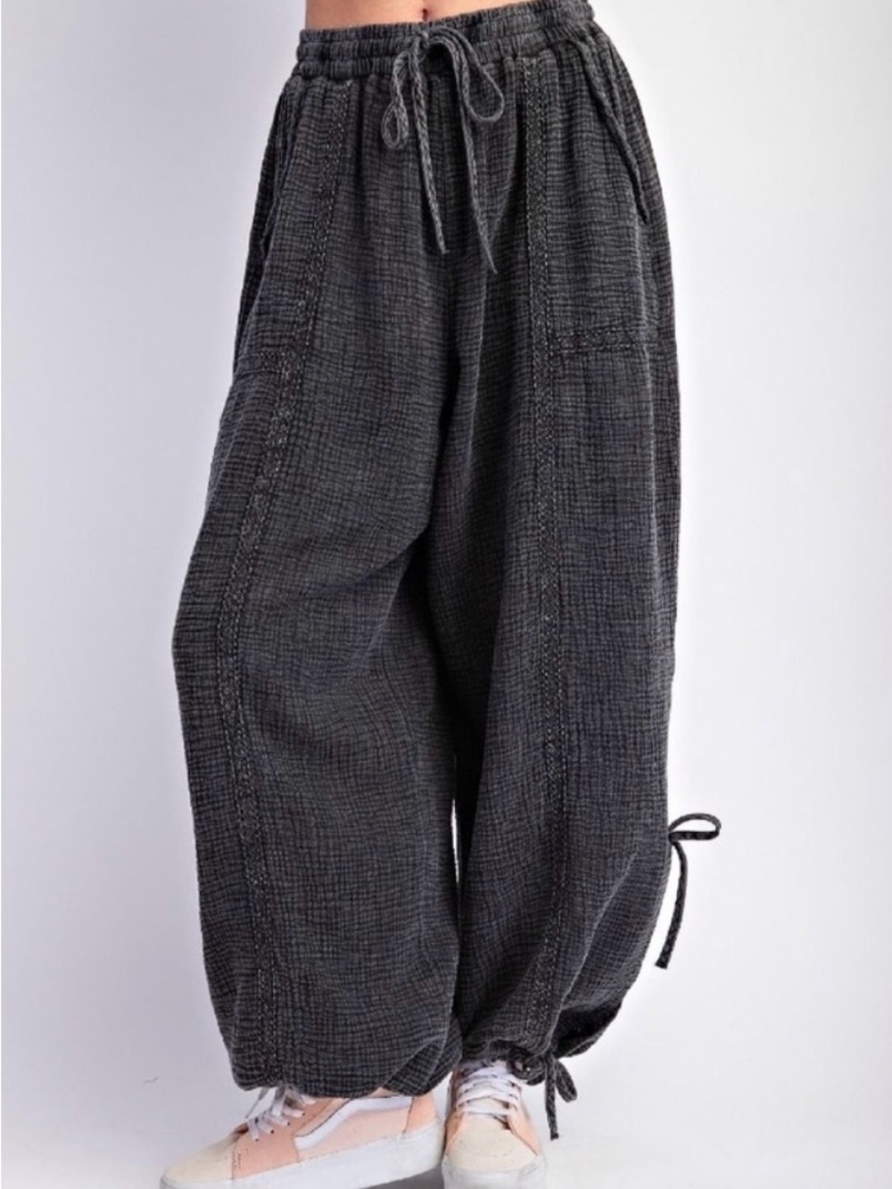 Wide Leg Cotton-Blend Drawstring Pants - Charcoal